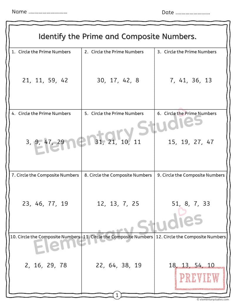 Factors, Multiples, Prime, and Composite Numbers Worksheets