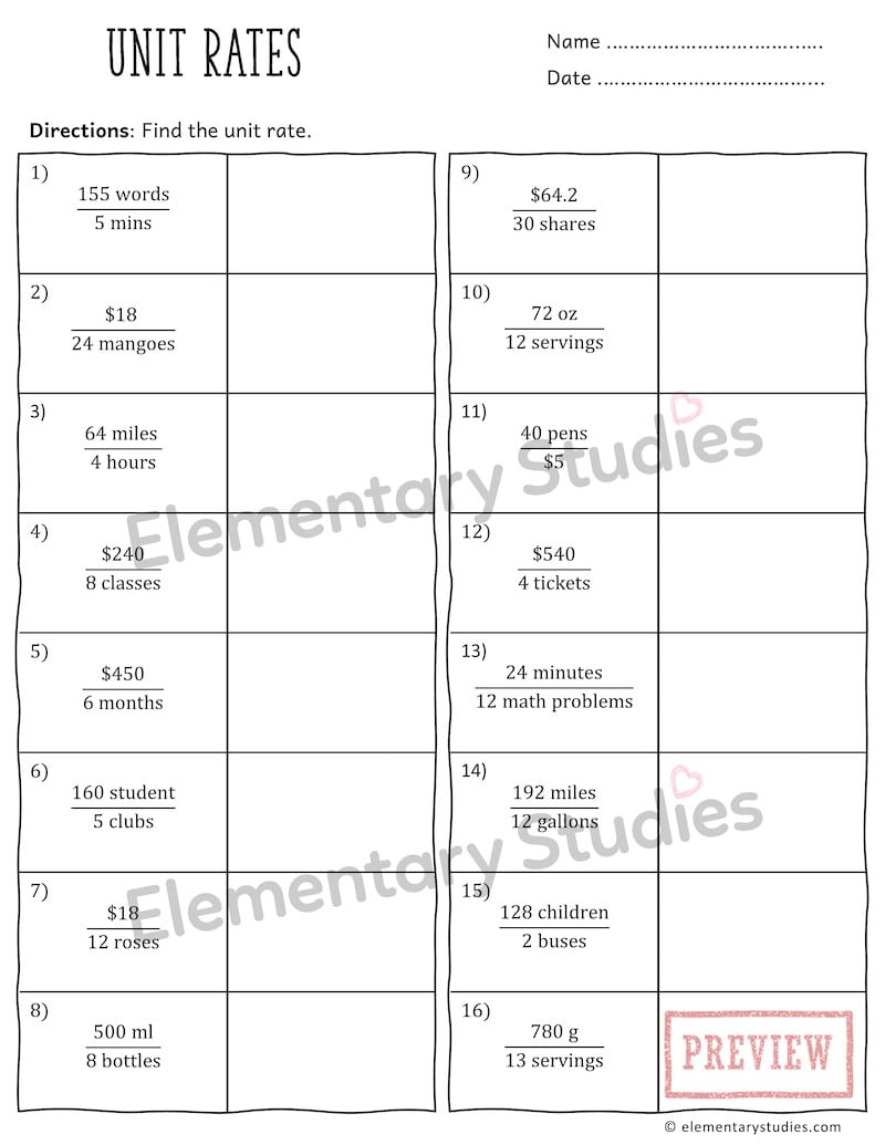 Unit Rates Worksheets and Word Problems - Elementary Studies