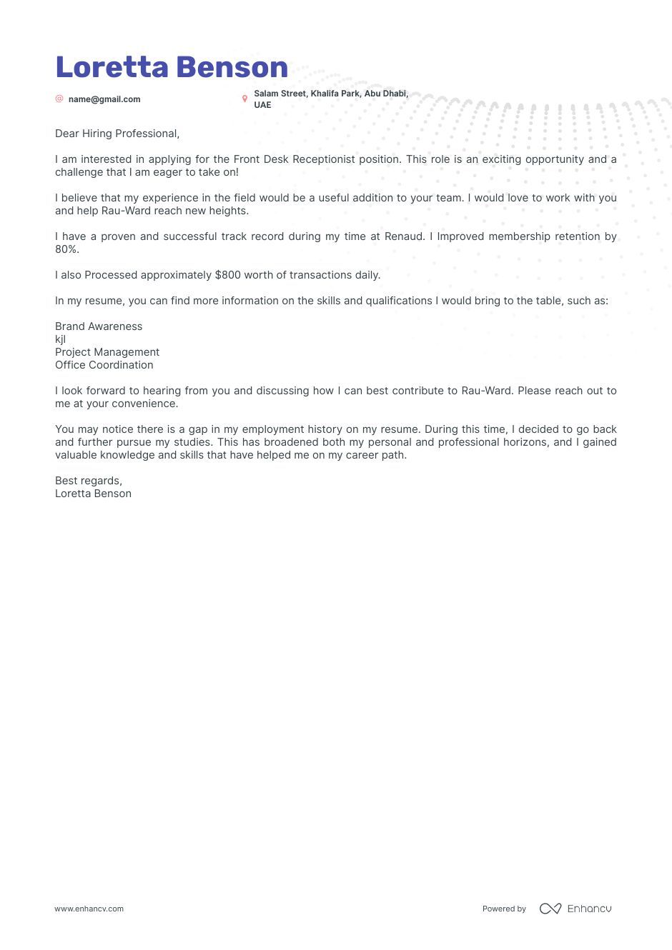 Real Front Desk Receptionist Cover Letter Example for 2024