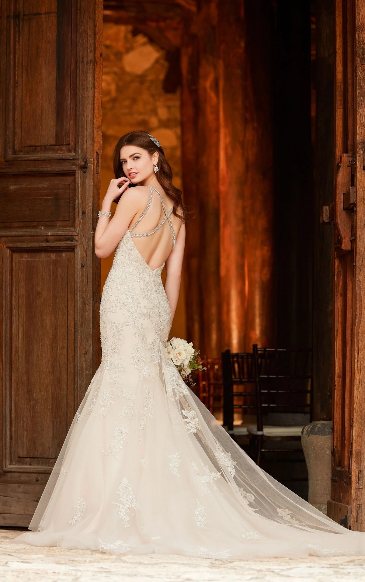 Sparkling Silver Beaded Wedding Dress with Cross Back Essense of