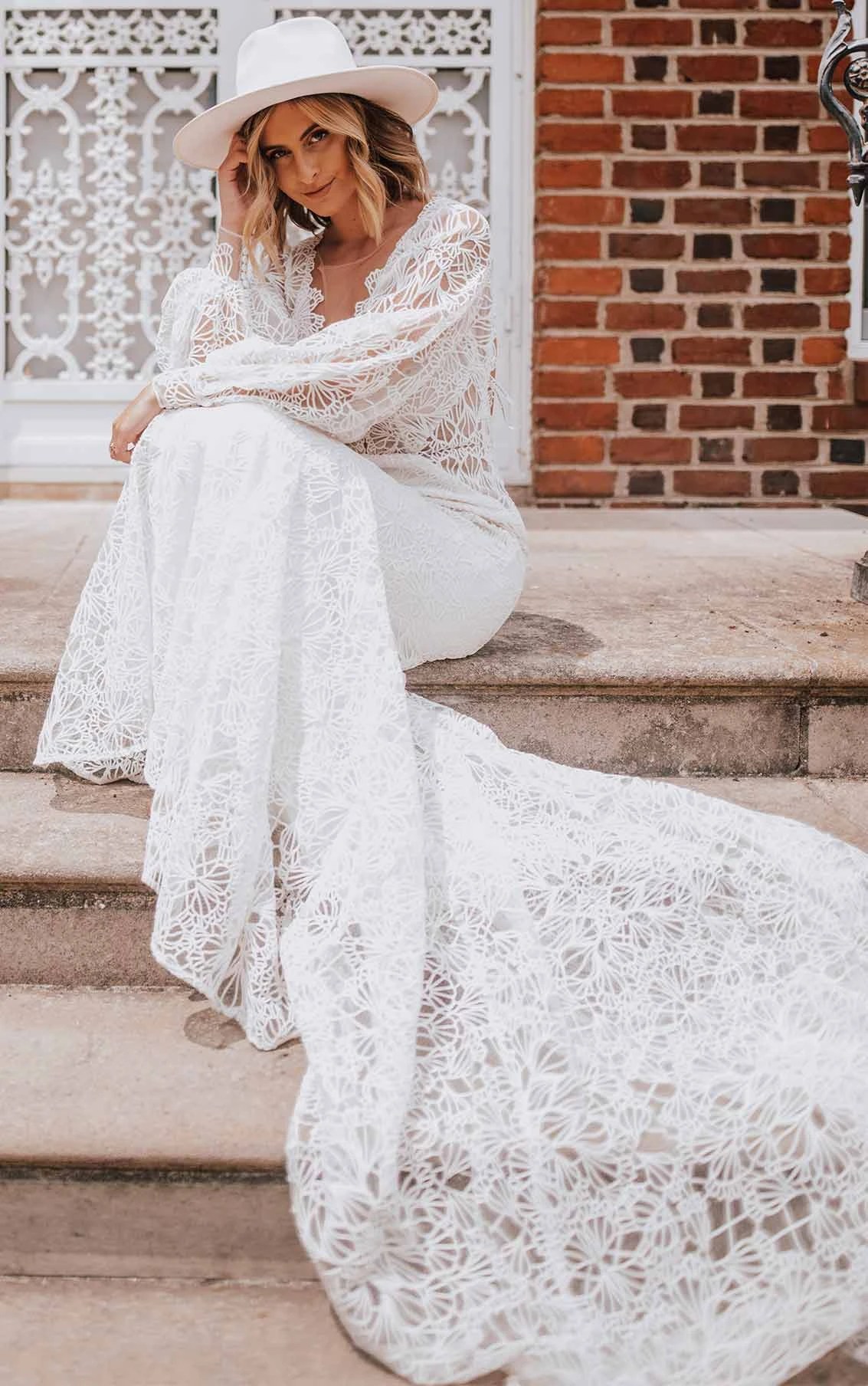 Graphic Lace Boho Wedding Dress with Puff Sleeve and Keyhole Back Essense of Australia Wedding