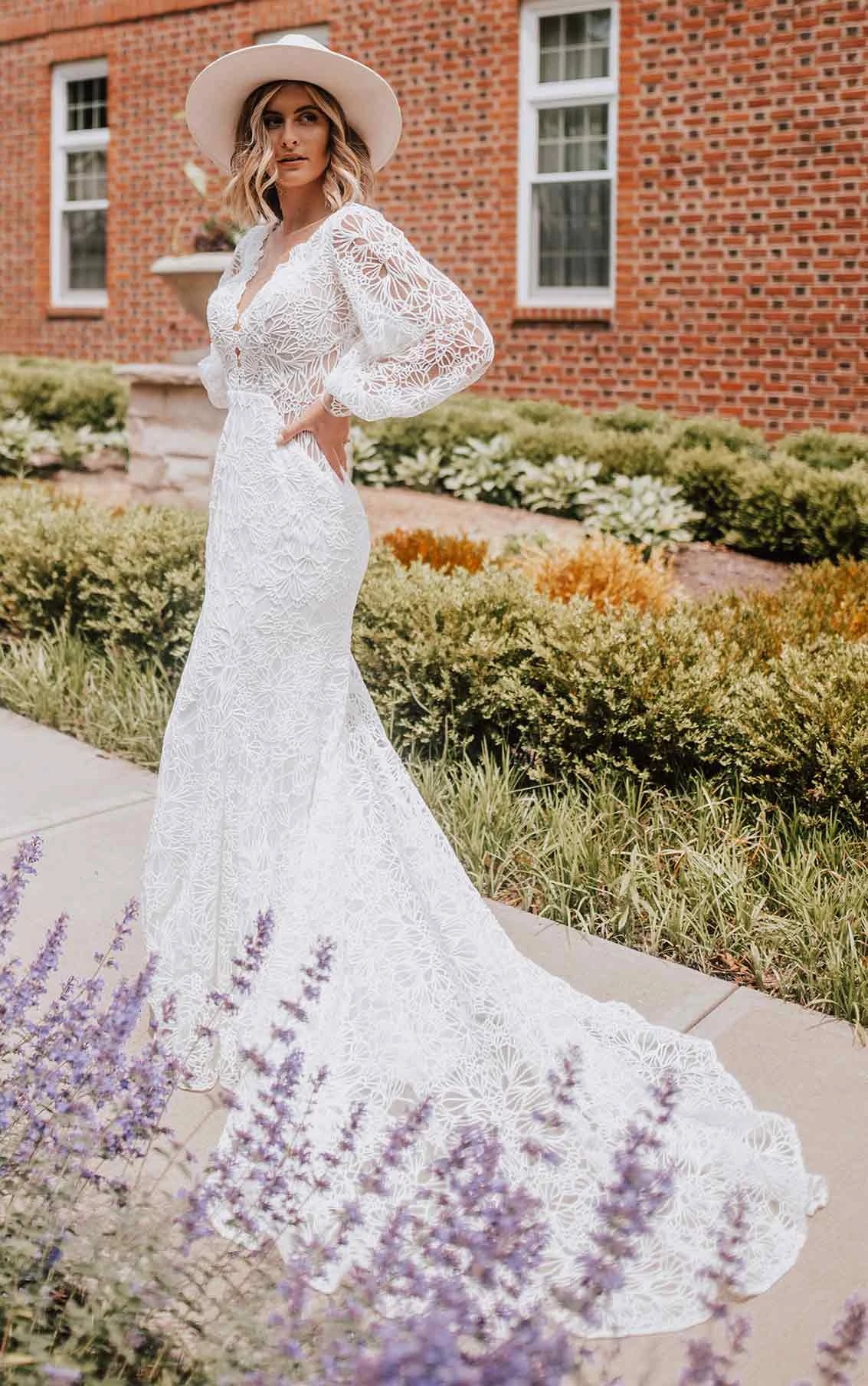 Graphic Lace Boho Wedding Dress with Puff Sleeve and Keyhole Back Essense of Australia Wedding