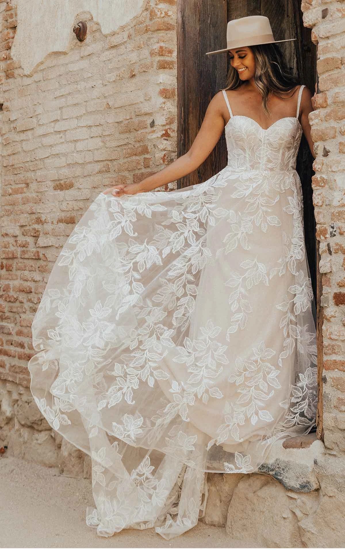 Romantic Floral Wedding Dress with Sheer Bodice and Dot Details