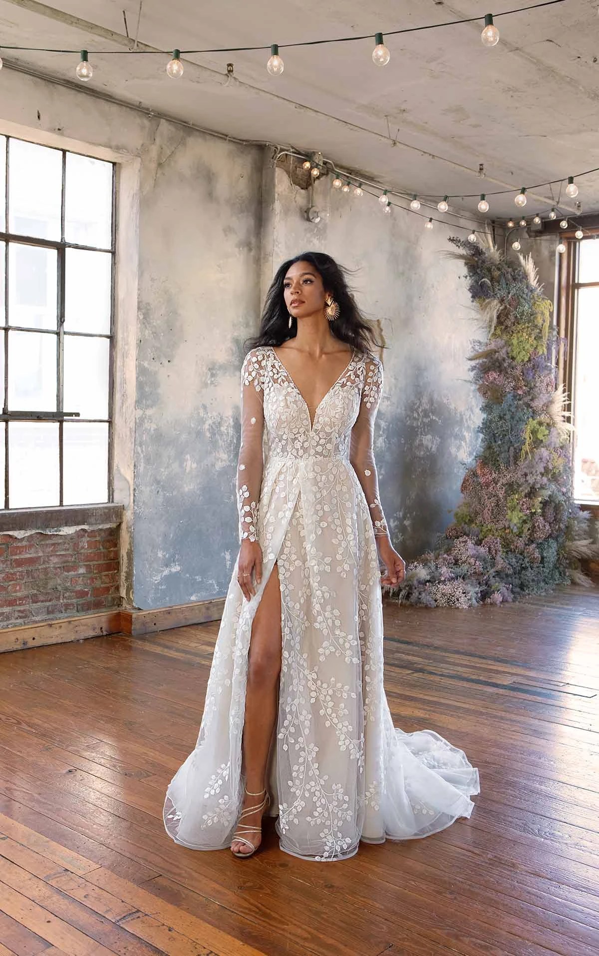 Floral Lace Boho ALine Wedding Dress with Long Sleeves All Who