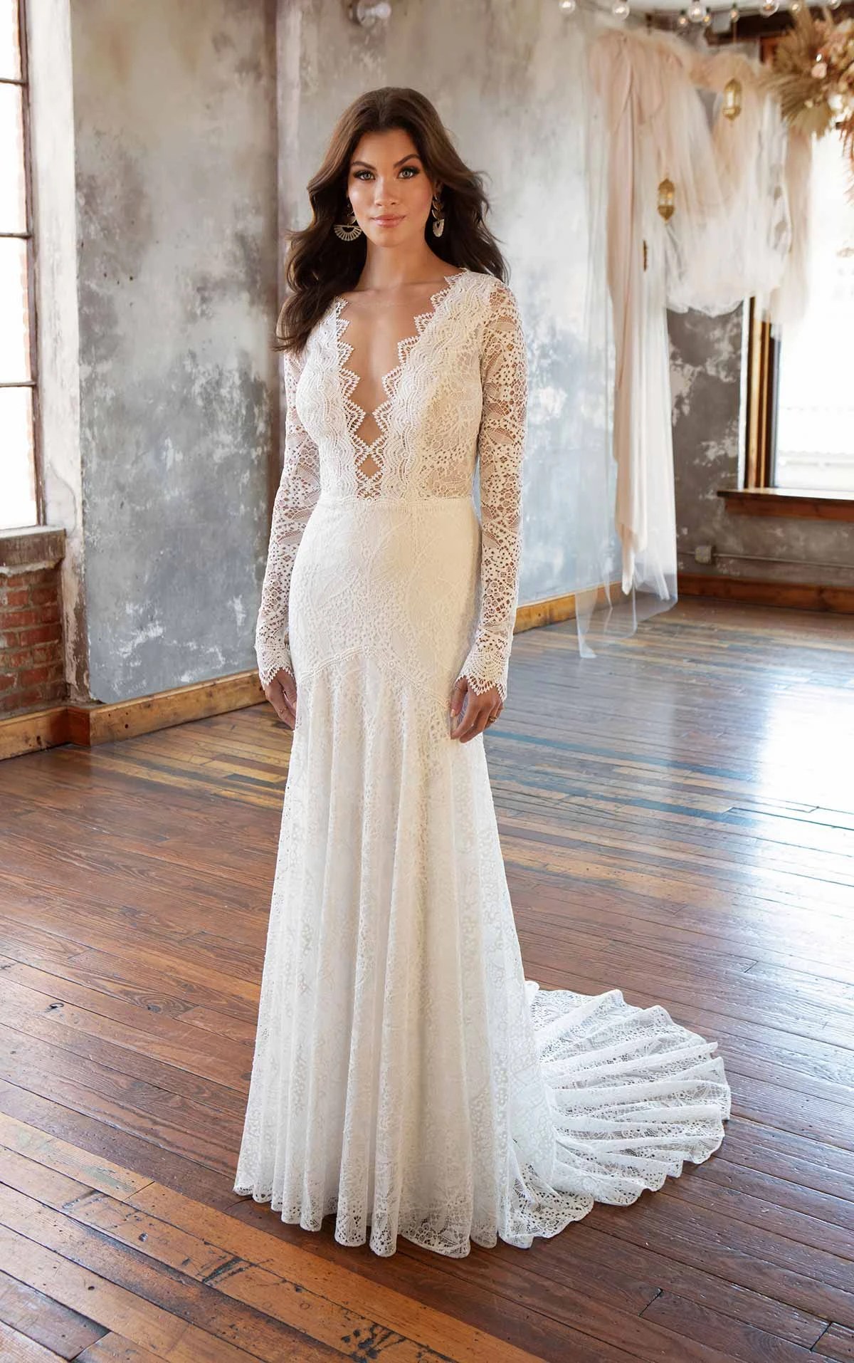 Long Sleeve Lace Boho FitandFlare Wedding Dress with Plunging VNeckline