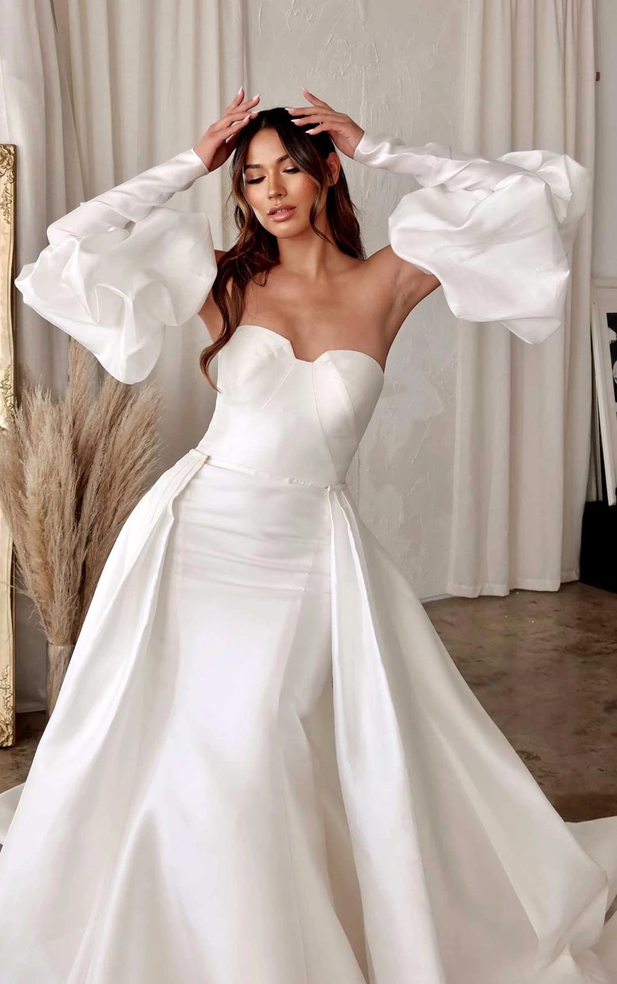 Luxe Modern Silk Fit-and-Flare Wedding Dress with Detachable Off