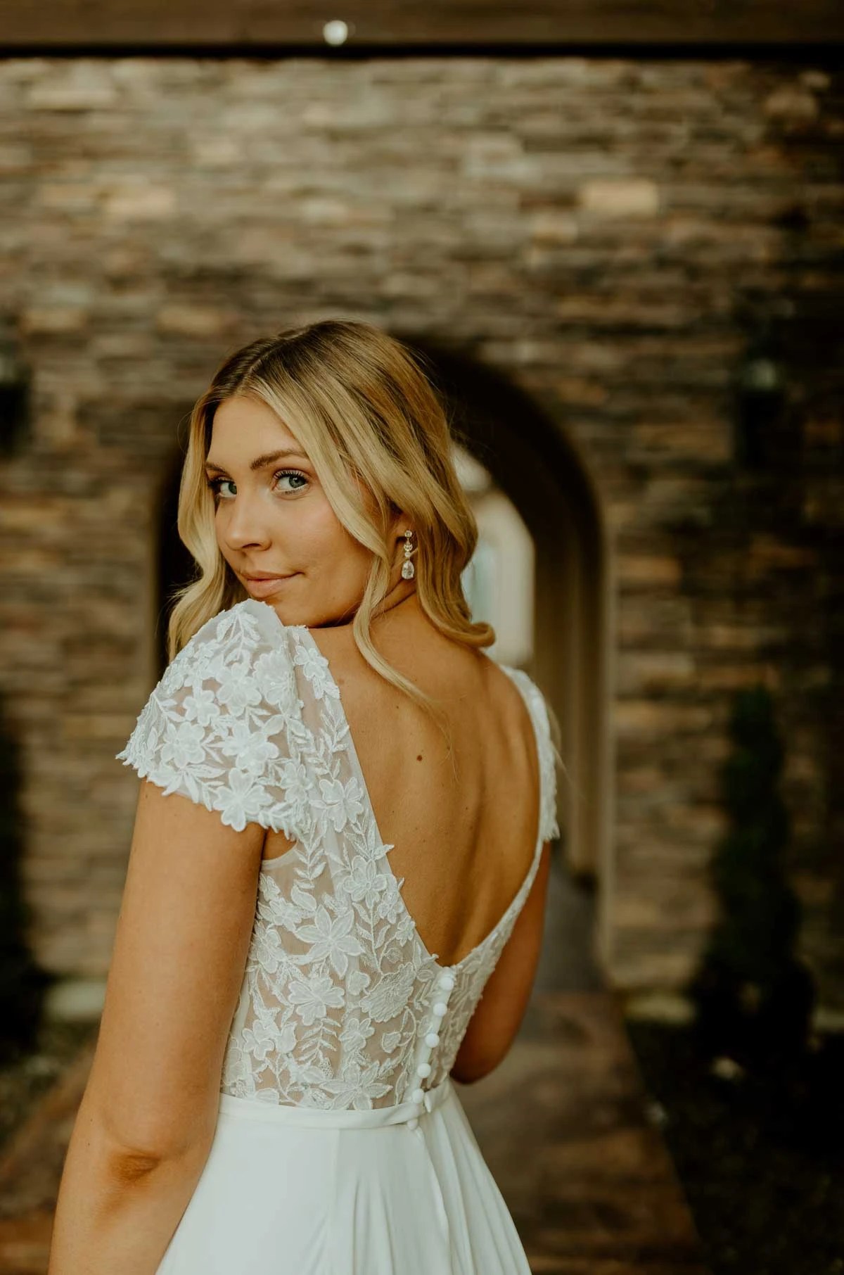 7747 Stella York Simple Lace and Chiffon ALine Wedding Dress with