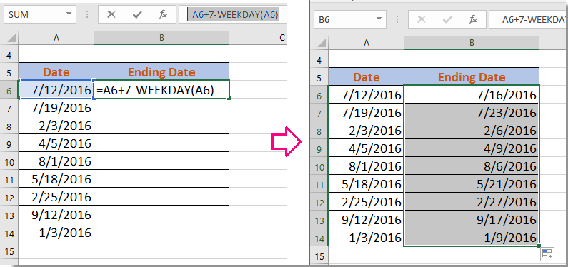 How to calculate week ending date of the given dates/years in Excel?