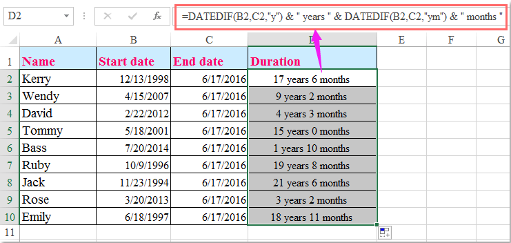 How to calculate the length of service from hire date in Excel?