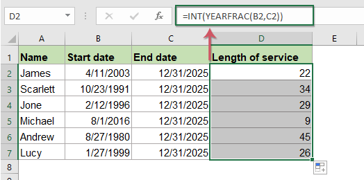 How to calculate the length of service from hire date in Excel?