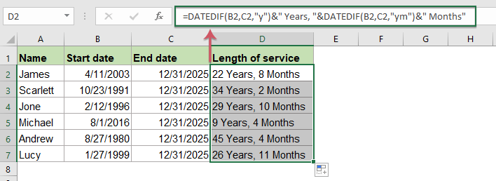 How to calculate the length of service from hire date in Excel?