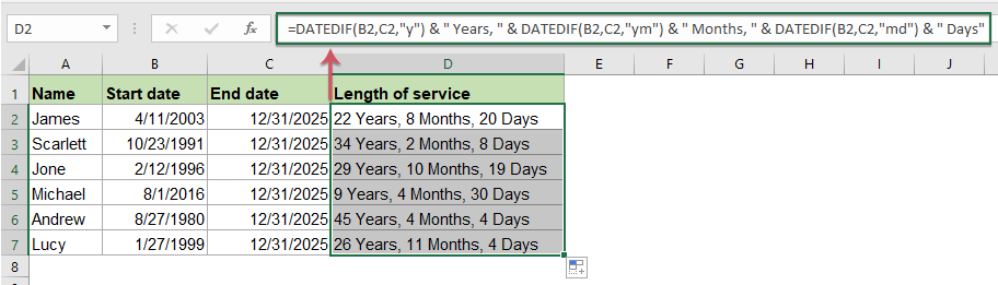 How to calculate the length of service from hire date in Excel?