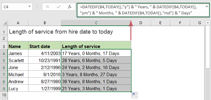 How to calculate the length of service from hire date in Excel?