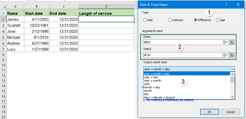 How to calculate the length of service from hire date in Excel?