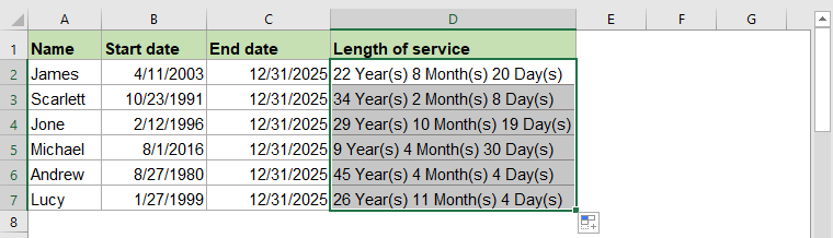 How to calculate the length of service from hire date in Excel?