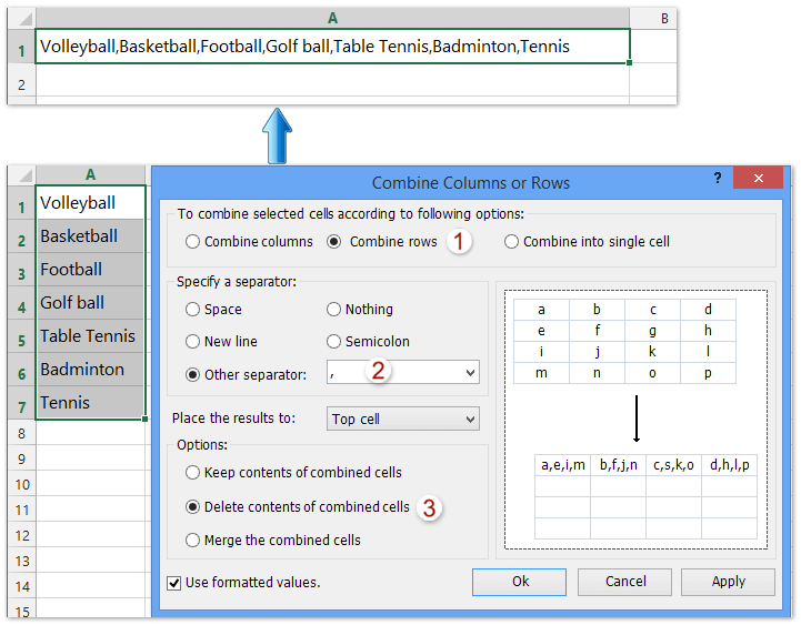 How to convert column list to comma separated list in Excel?