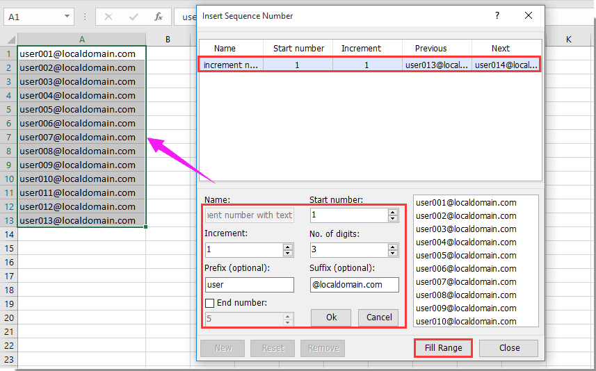 How to create increment number with or inside text in Excel?