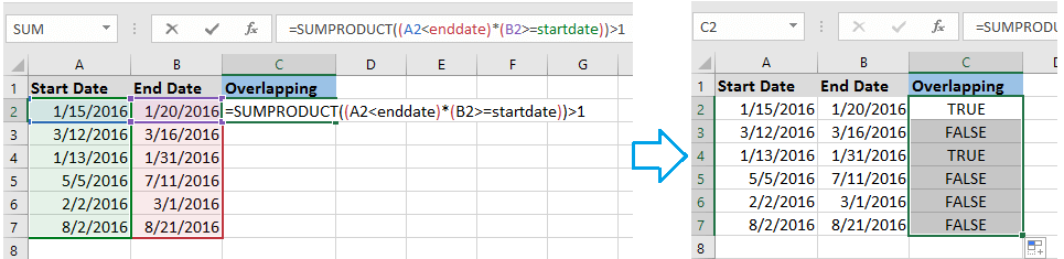 How to find overlapping date/time ranges in Excel?