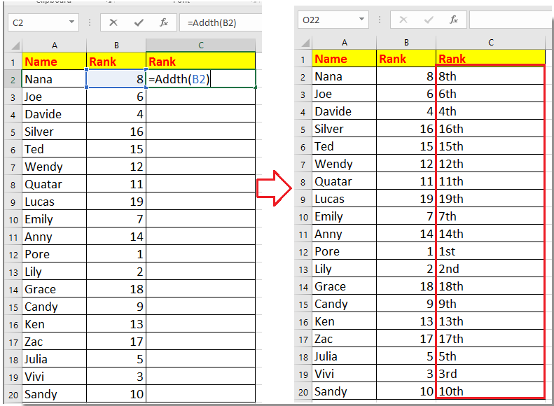 How to format number as ordinal (1st 2nd 3rd ) in Excel?