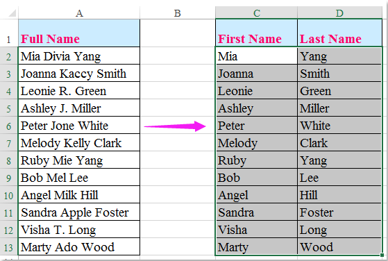 How to split full name to first and last name in Excel?