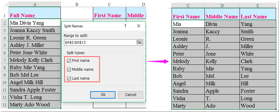 How to split full name to first and last name in Excel?