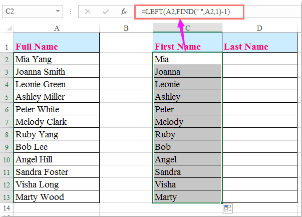 How to split full name to first and last name in Excel?