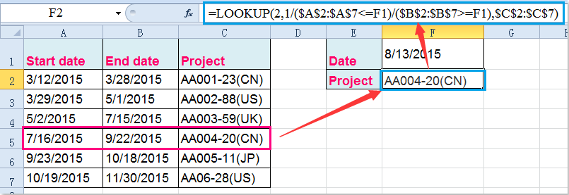 How to vlookup between two dates and return corresponding value in Excel?