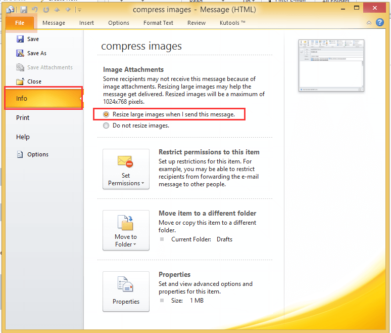 How to compress images before sending email in Outlook?