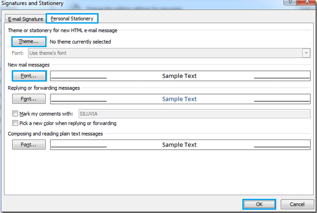 How to change email default font settings and theme in