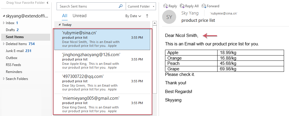 How to send an email to multiple recipients individually in Outlook?