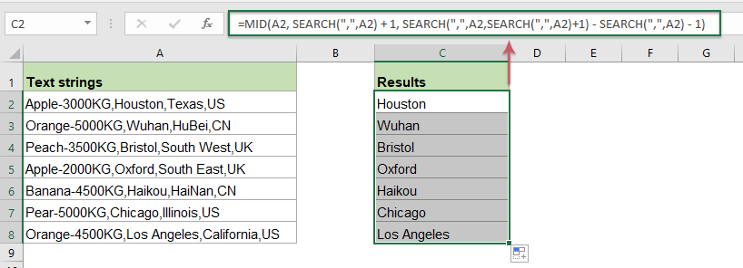 Ekstrak teks antara koma pertama dan kedua dari string teks