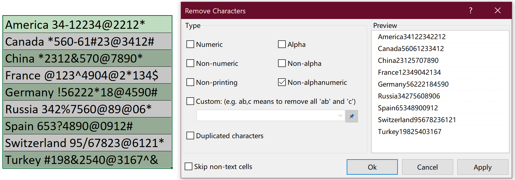 Quickly remove numeric, alphabetic, nonprintable or alphanumeric