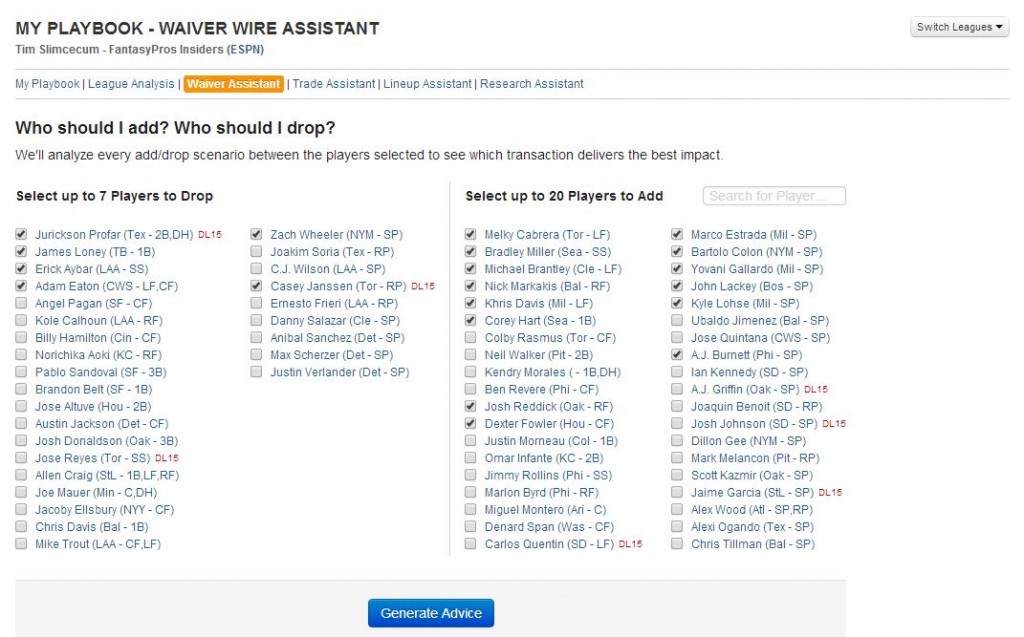 Waiver Assistant Who Should I Add to my Fantasy Baseball Team