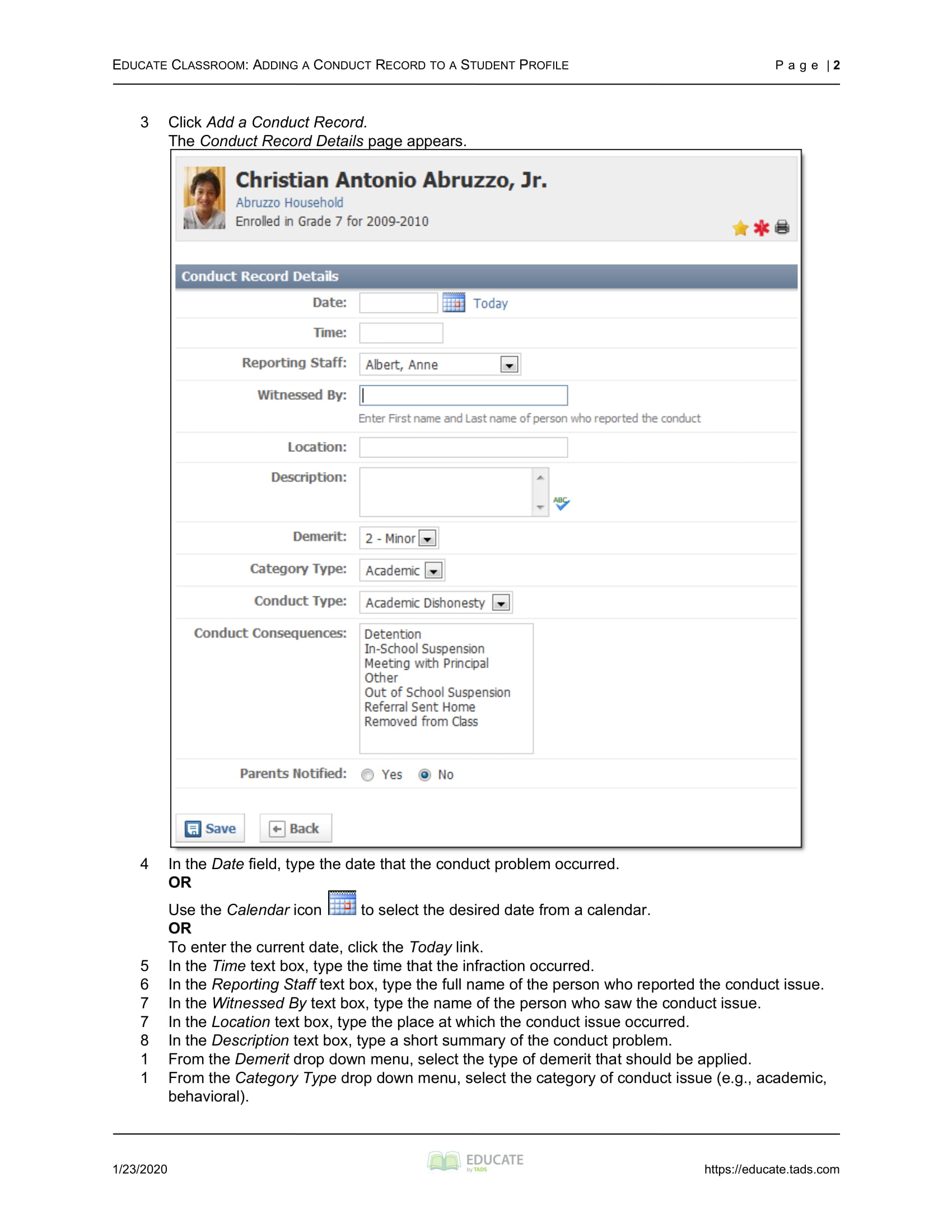 Adding a Conduct Record to a Student Profile