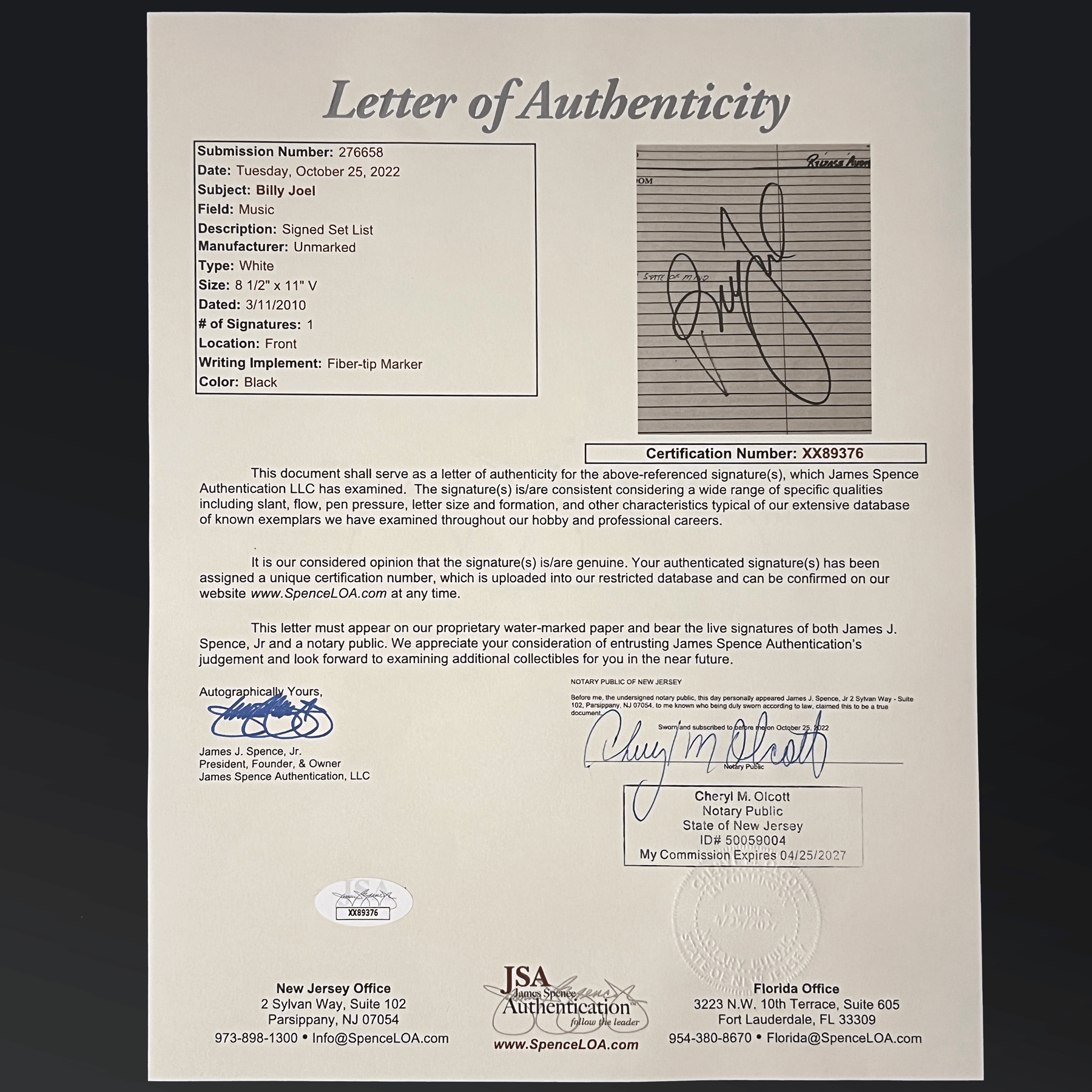 Billyjoelsignedfacetofacetoursetlist Collectionzz