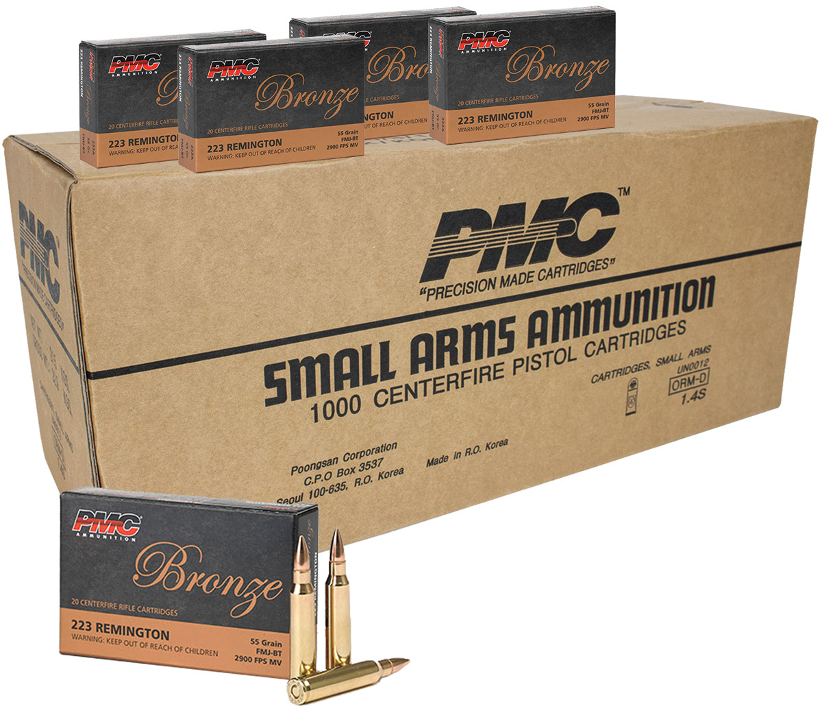 PMC Bronze .223 Remington Rifle Ammo 55gr FMJBT 1000 Round Case (50