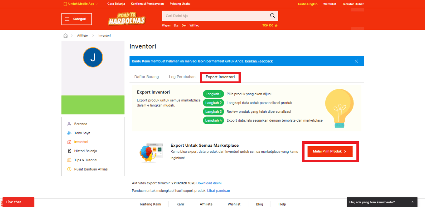 Panduan Export Inventori Afiliasi (Data Mass Upload Marketplace)