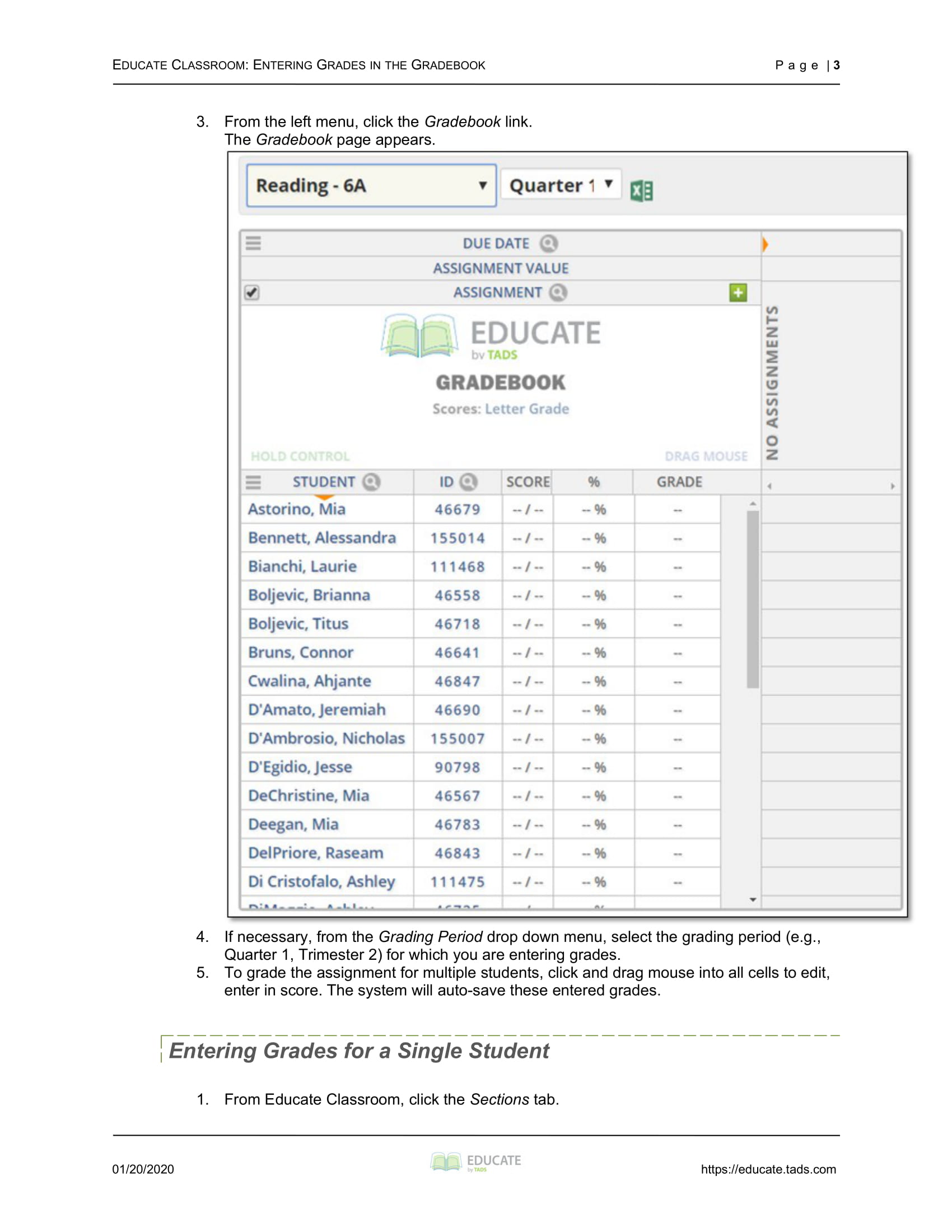 Entering Grades in the Gradebook