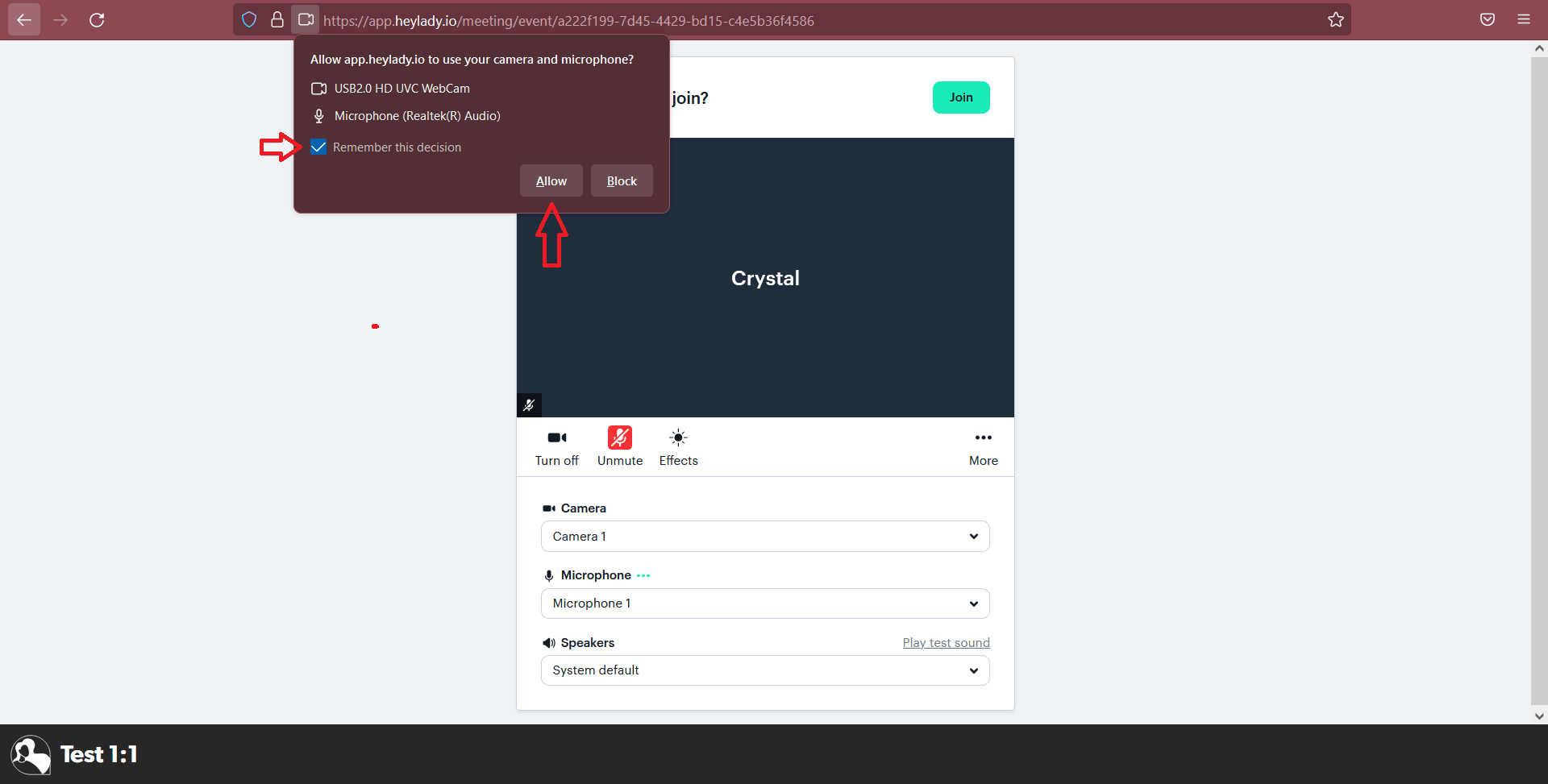 How do I turn on my camera & microphone inside Hey Lady! Video?