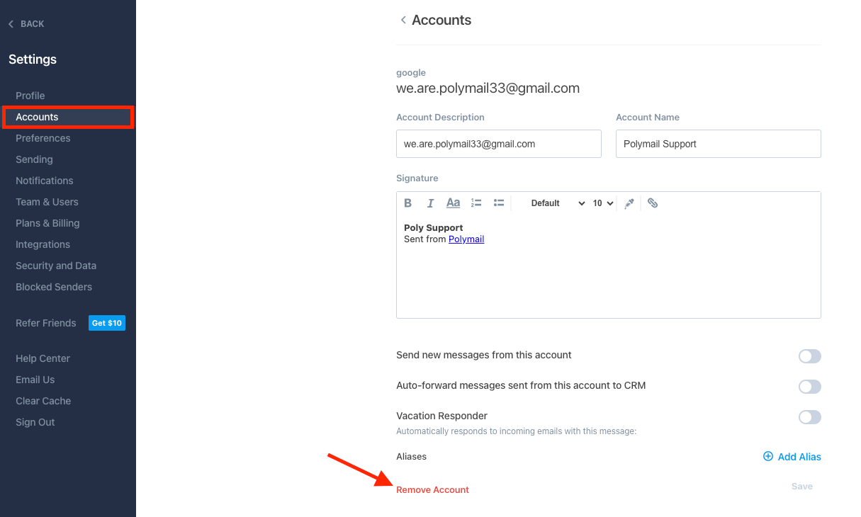 How do I remove an email account from Polymail?