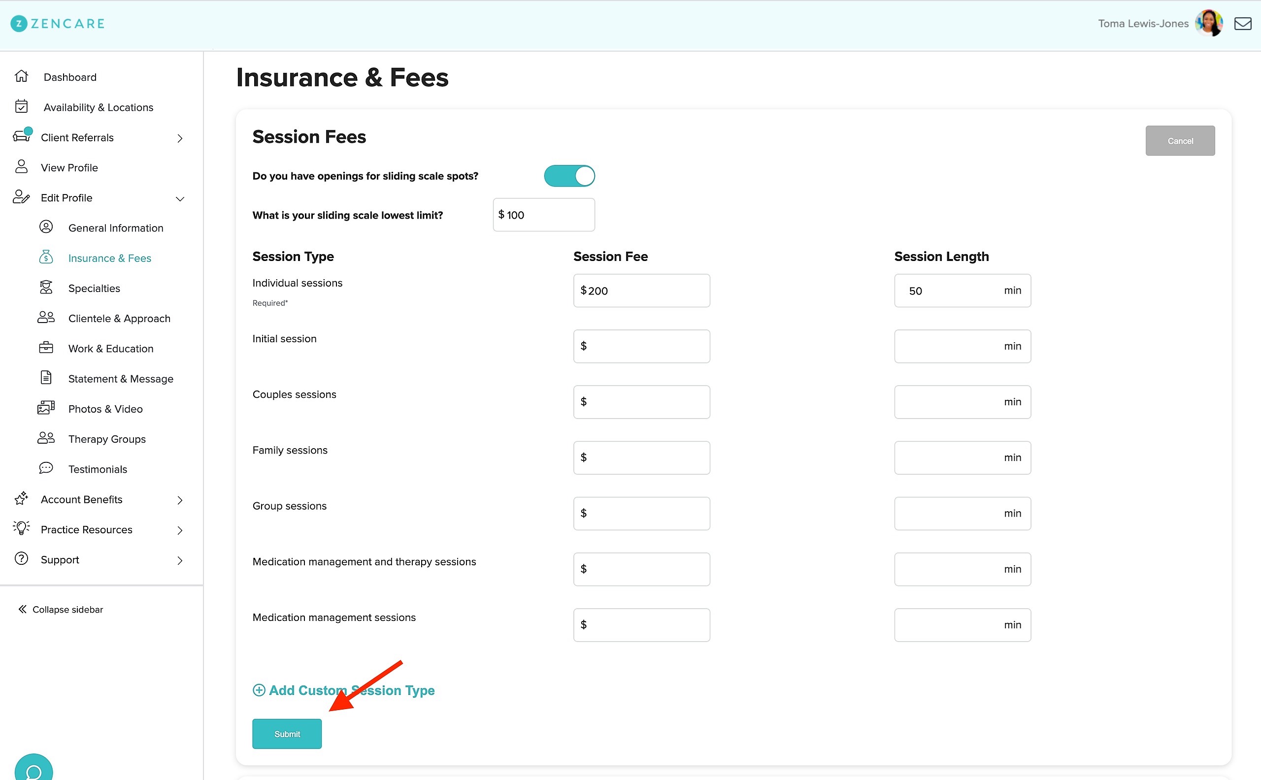 How do I add or update my sliding scale fees?