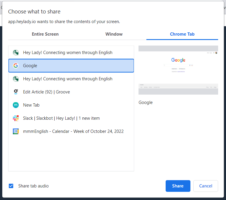 How do I share my screen during an event?