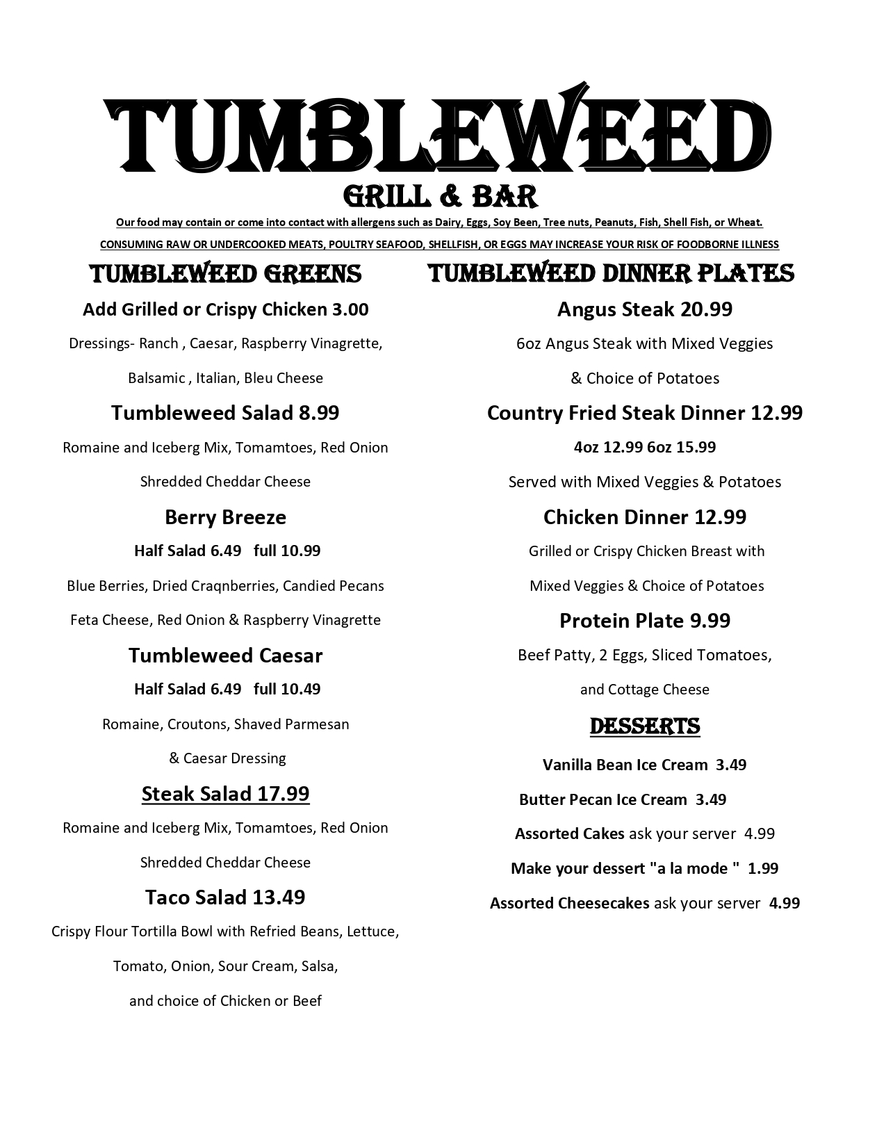 Tumbleweed Grill & Bar Menu