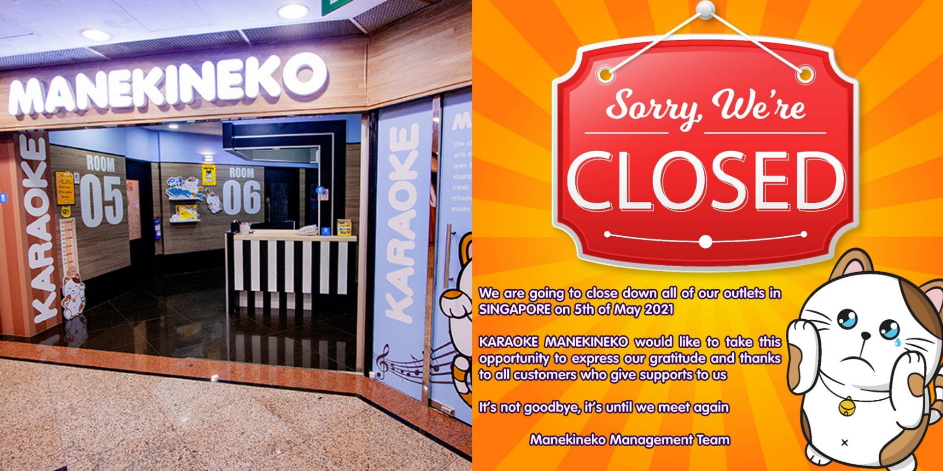Karaoke Manekineko announces closure of Singapore outlets, sad
