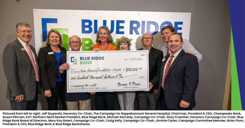 Blue Ridge Bank makes 100,000 Donation to Bon Secours Rappahannock