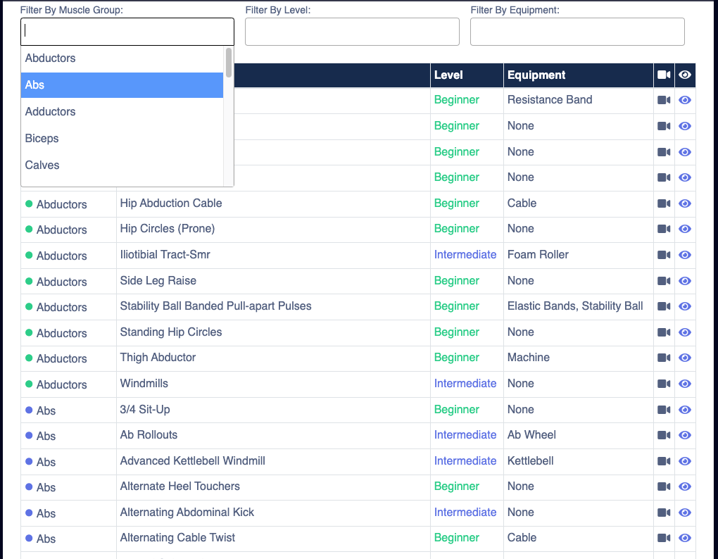 Exercise List for Personal Trainers