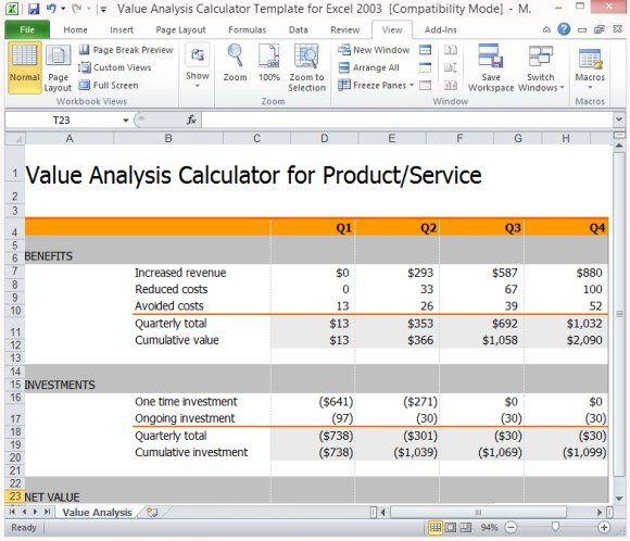 Value Analysis Calculator Template For Excel