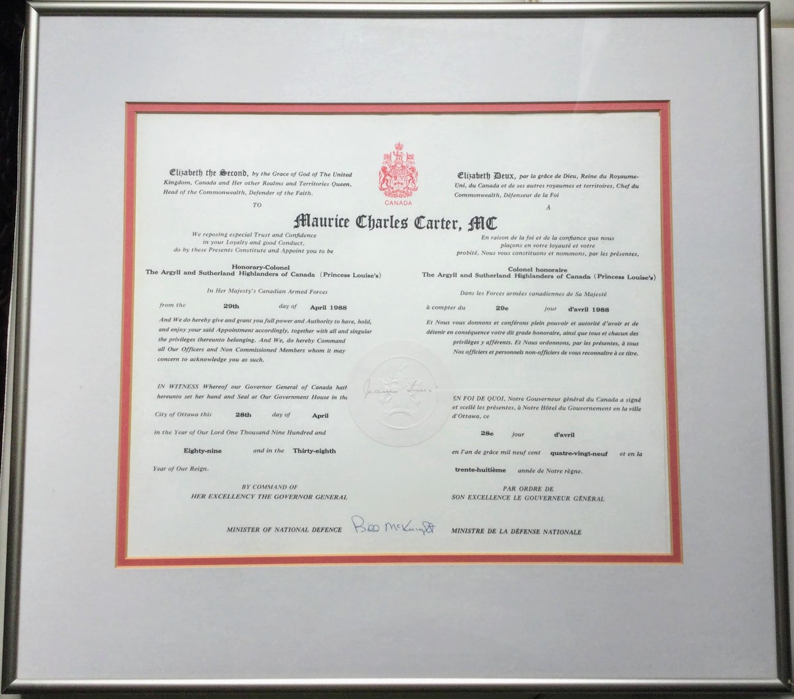 Framed Appointment to HonoraryColonel