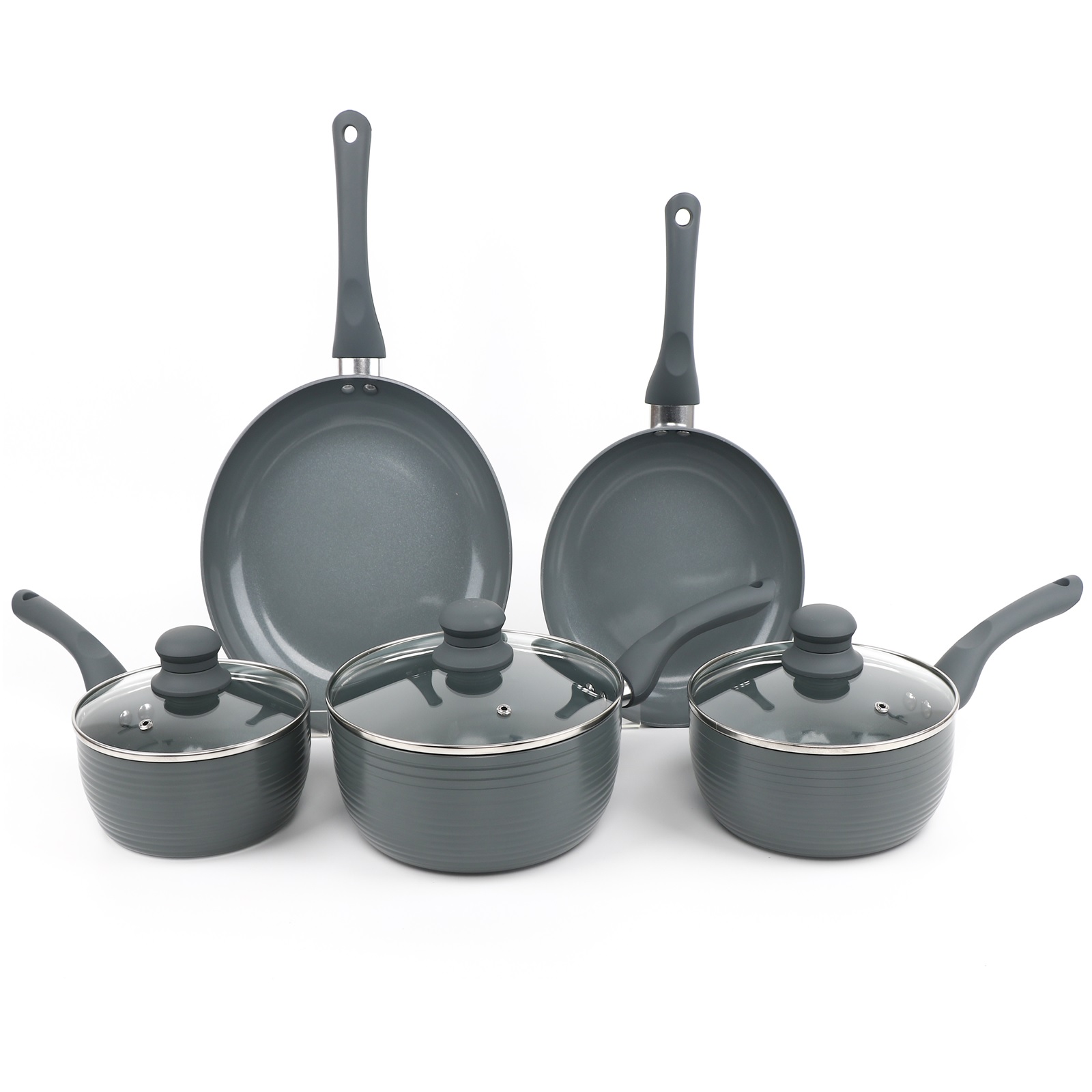 Grey 8 Piece Ribbed Cookware Set Non Stick Induction Pans Saucepans
