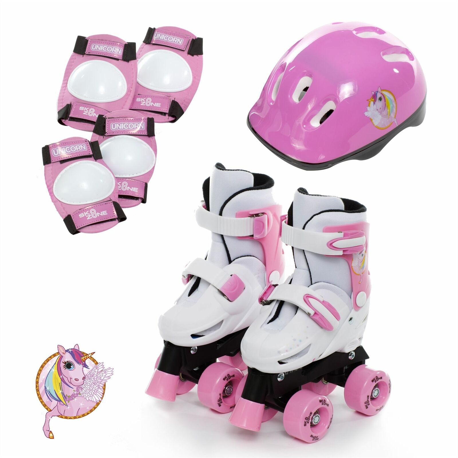 Sk8 Zone Unicorn Quad Skates Kids Roller Boots Pads Helmet Skate Set